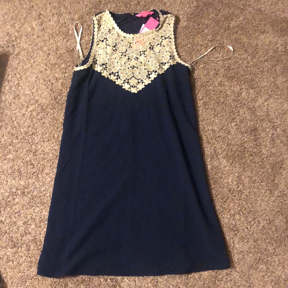 Lilly Pulitzer NWT navy bama soft shift dress with gold embroidery